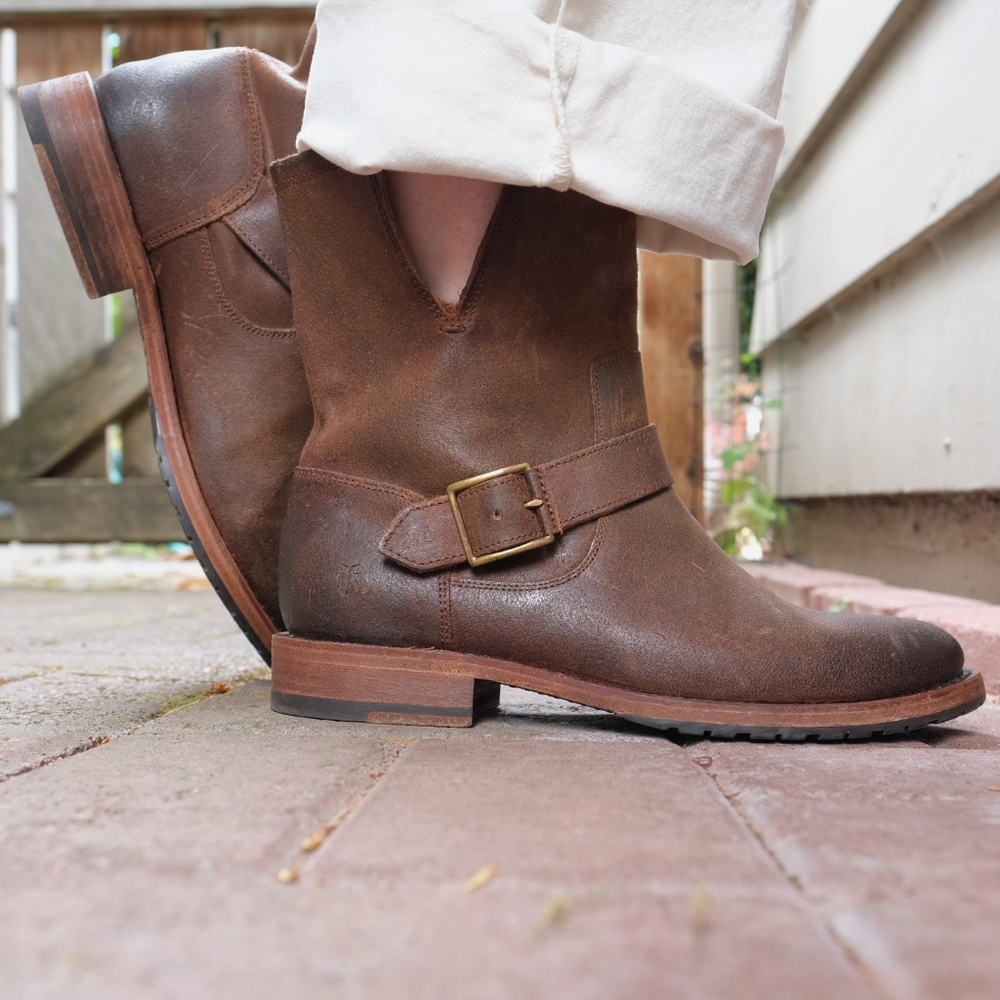 Frye Brown Leather Harness Ankle Boots